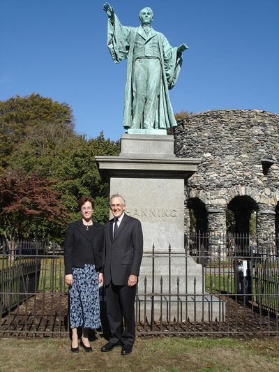Rev. Dr. Carl Scovel and the Rev. Amy Freedman in front of the statue of William Ellery Channing facing Newport’s Channing Memorial Church. 